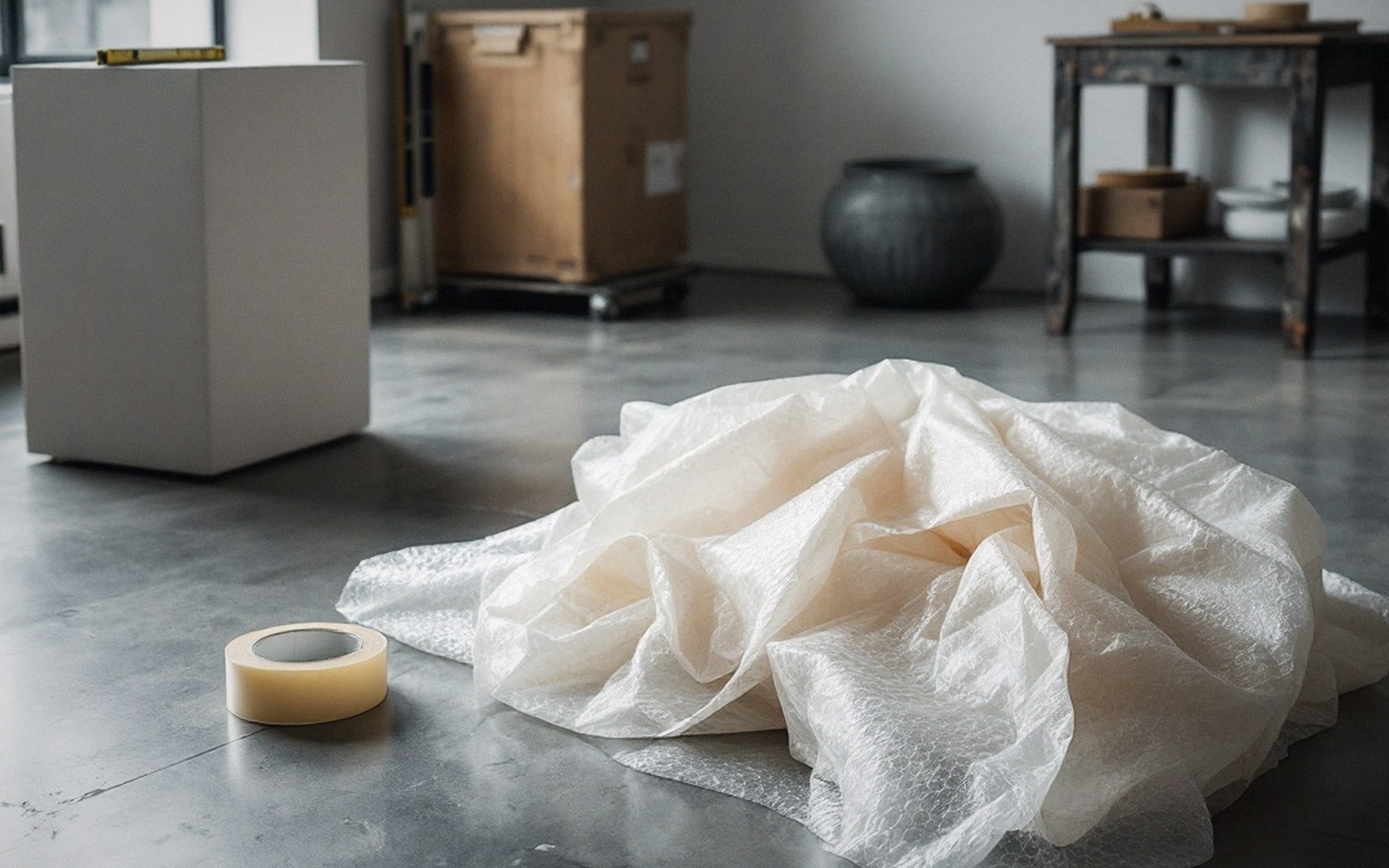 Folded bubble wrap and packing tape on a polished concrete floor