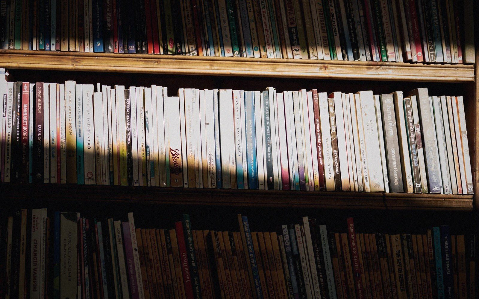 Rows of paperback books packed tightly on wooden shelves, lit by a shaft of sunlight