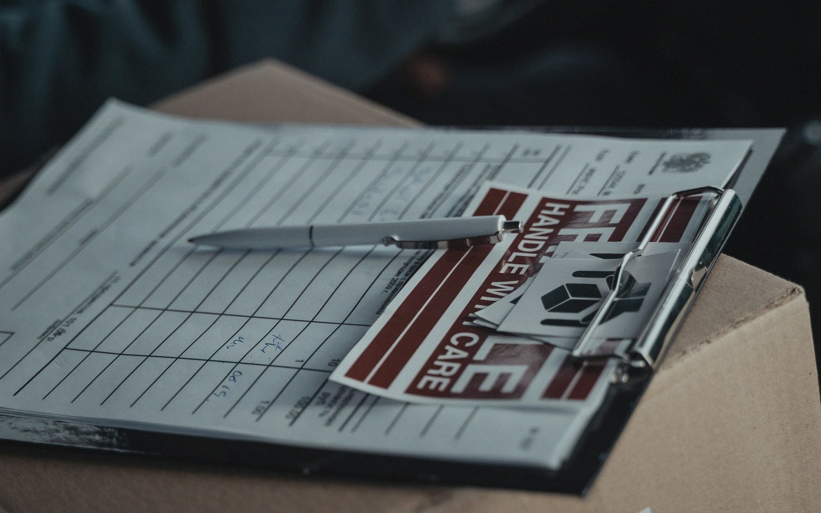 Clipboard with a shipping form, pen and fragile handle-with-care sticker on a box