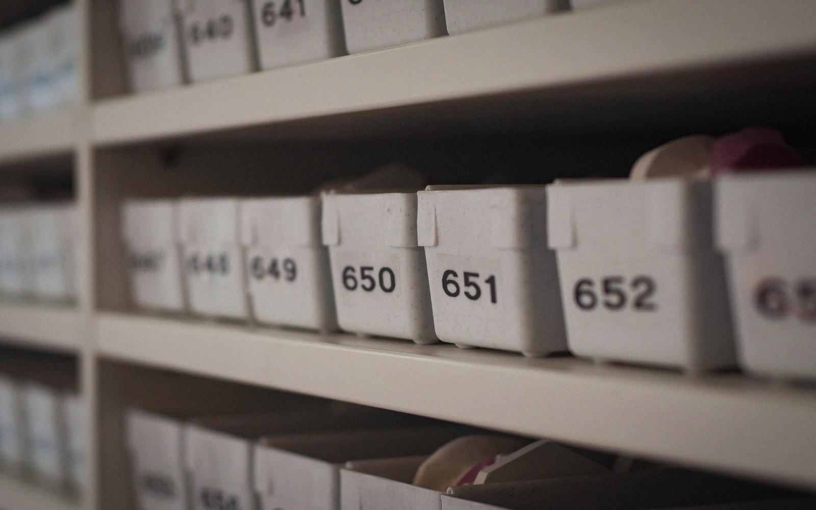 Numbered white storage boxes lined up on shelves in an archive