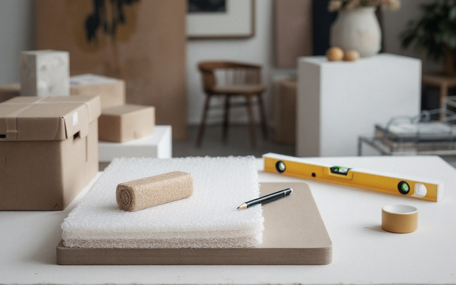 Bubble wrap, tape and a spirit level sit beside packing boxes for moving