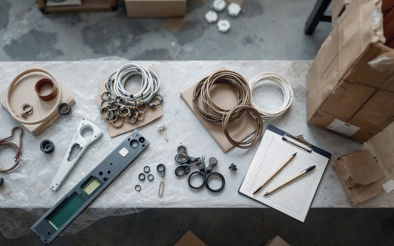 Picture hanging hardware, wire and D-rings laid out on a bench