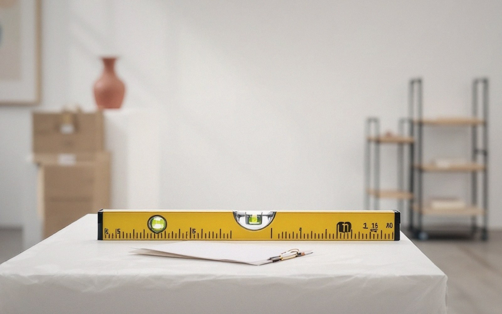 A spirit level resting on a sculpture plinth in an empty gallery